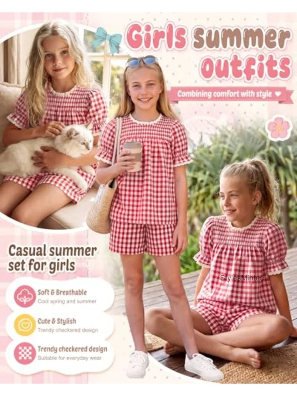 Girls 2 Piece Gingham Short Set with Puff Sleeves and Lace Trim